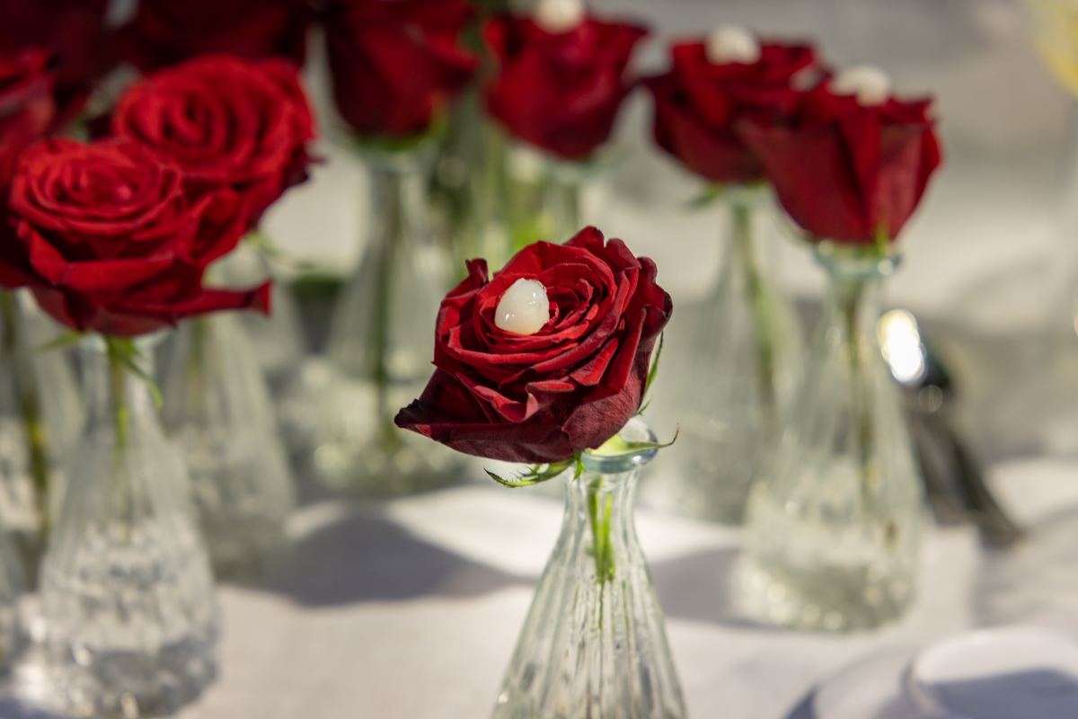 Rosas rojas en jarrones de cristal